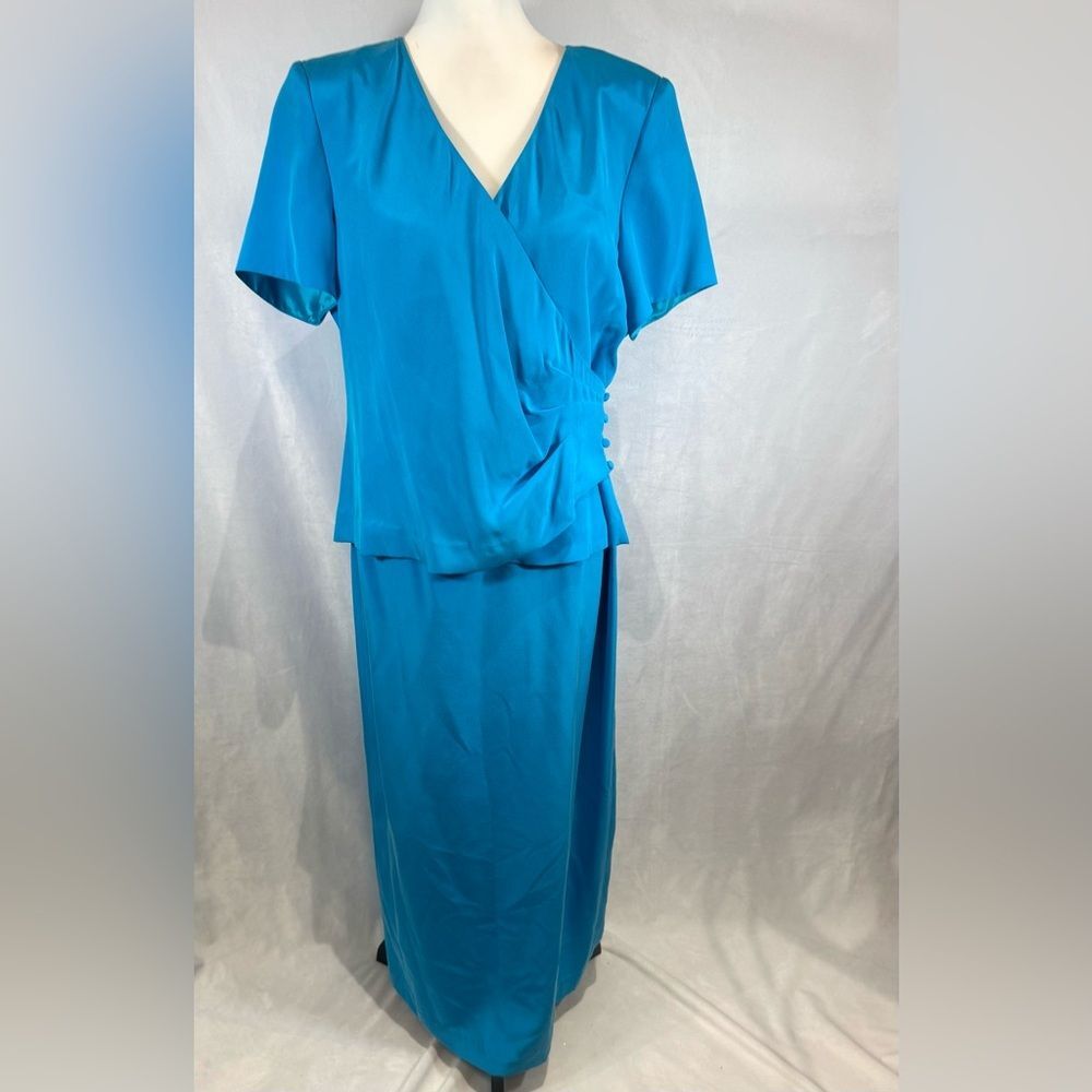 Vintage Spenser Jeremy 100% silk beautiful blue faux wrap jacket maxi dress 12